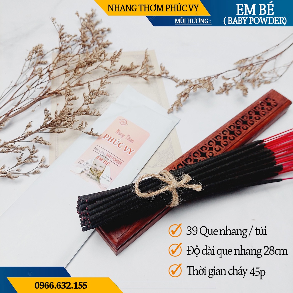 Nhang Thơm Phúc Vy Mùi Hương Em Bé - Túi 39 Cây 28cm, Ít Khói, Thơm Nhẹ, Dễ Chịu, Không kích mũi
