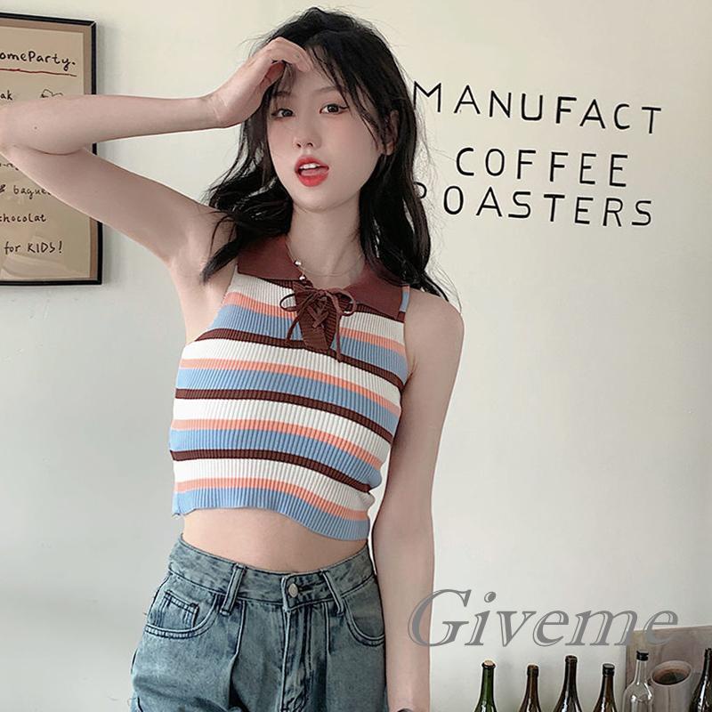 Áo Lửng Hai Dây Dệt Kim Họa Tiết Kẻ Sọc Nhiều Màu Sắc Thời Trang Mùa Hè Cho Nữ