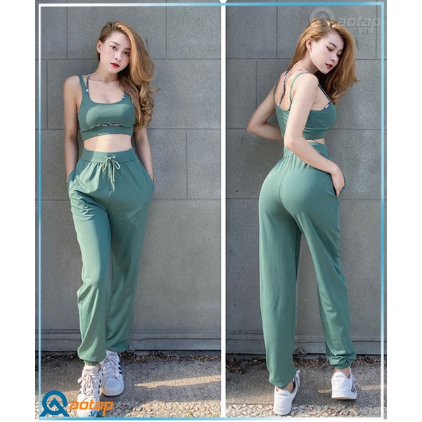 Set áo bra 2 lớp phối quần Jogger 2 túi hông tập gym, thể thao siêu xinh