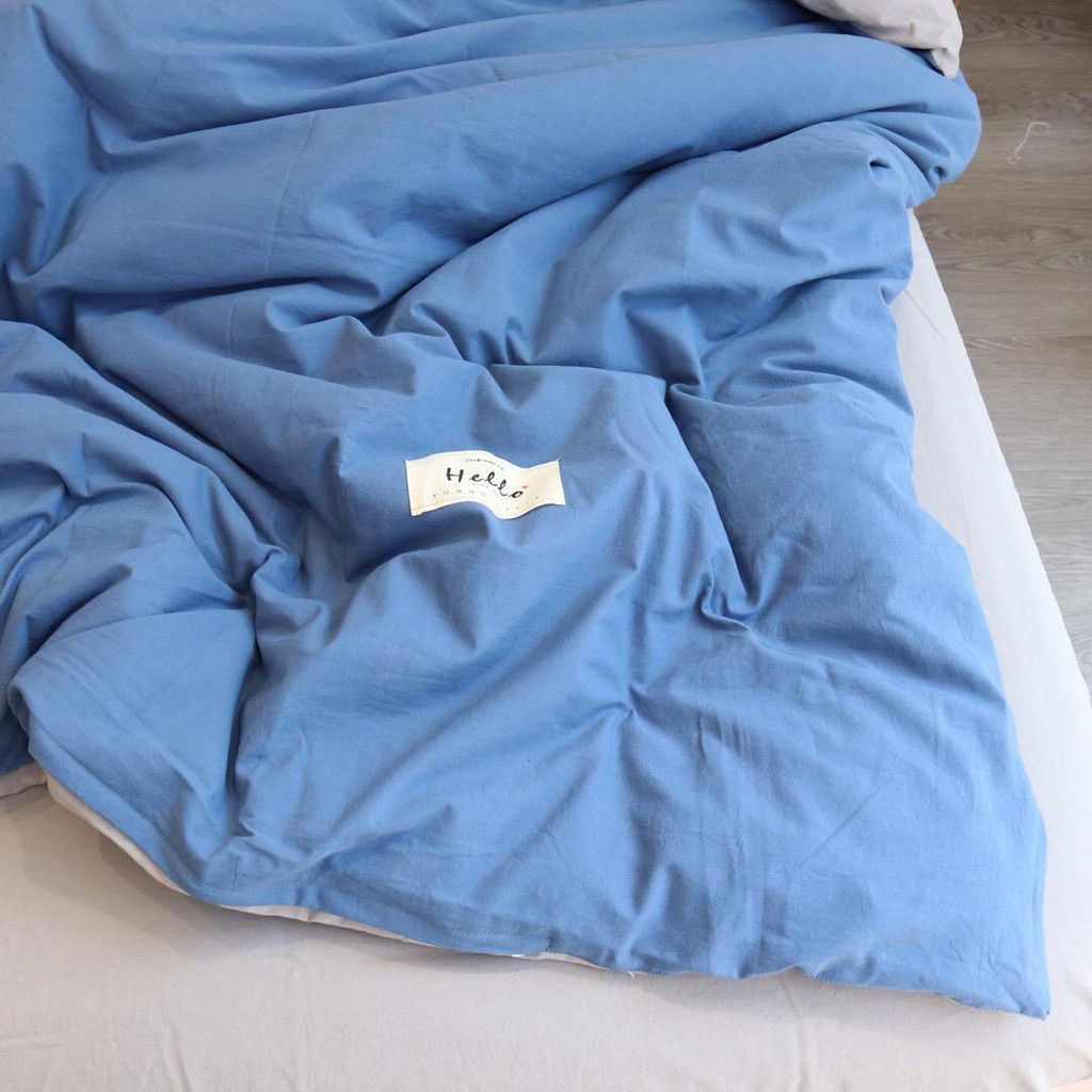 Chăn Ga Cotton Tici LIDACO - Xanh Trời Ga Xám