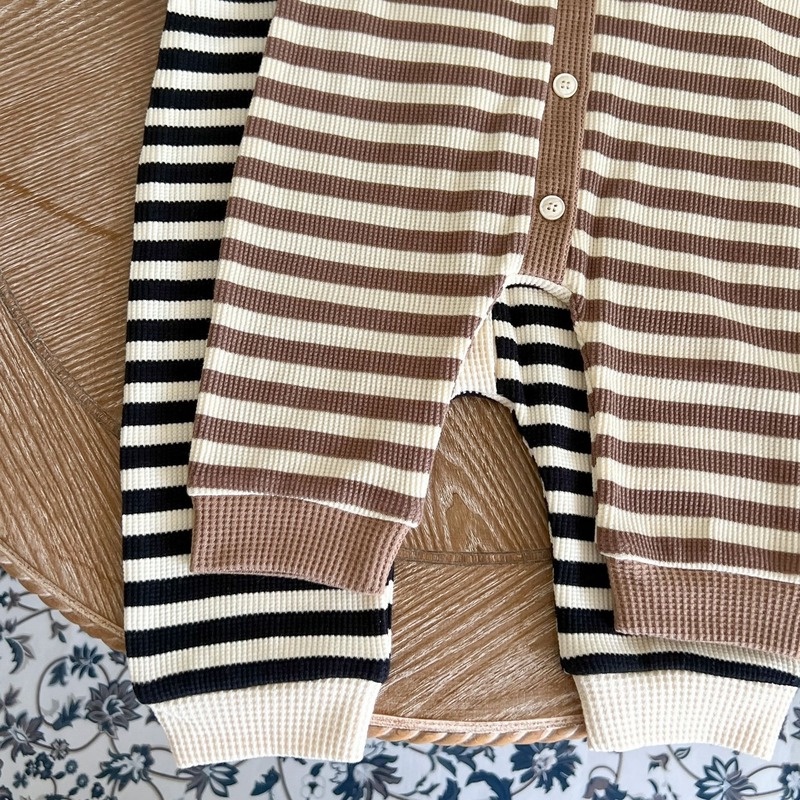 Bộ Áo Liền Quần Bằng Cotton Tay Dài Họa Tiết Kẻ Sọc Phối Màu Thời Trang Mùa Thu Phong Cách Hàn Quốc Dành Cho Bé Trai Gái 0-2 Tuổi