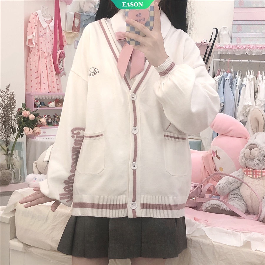 Áo Khoác Cardigan Dệt Kim Tay Dài Dáng Rộng Thêu Họa Tiết Melody Dễ Thương Thời Trang Thu Đông Cho Nữ