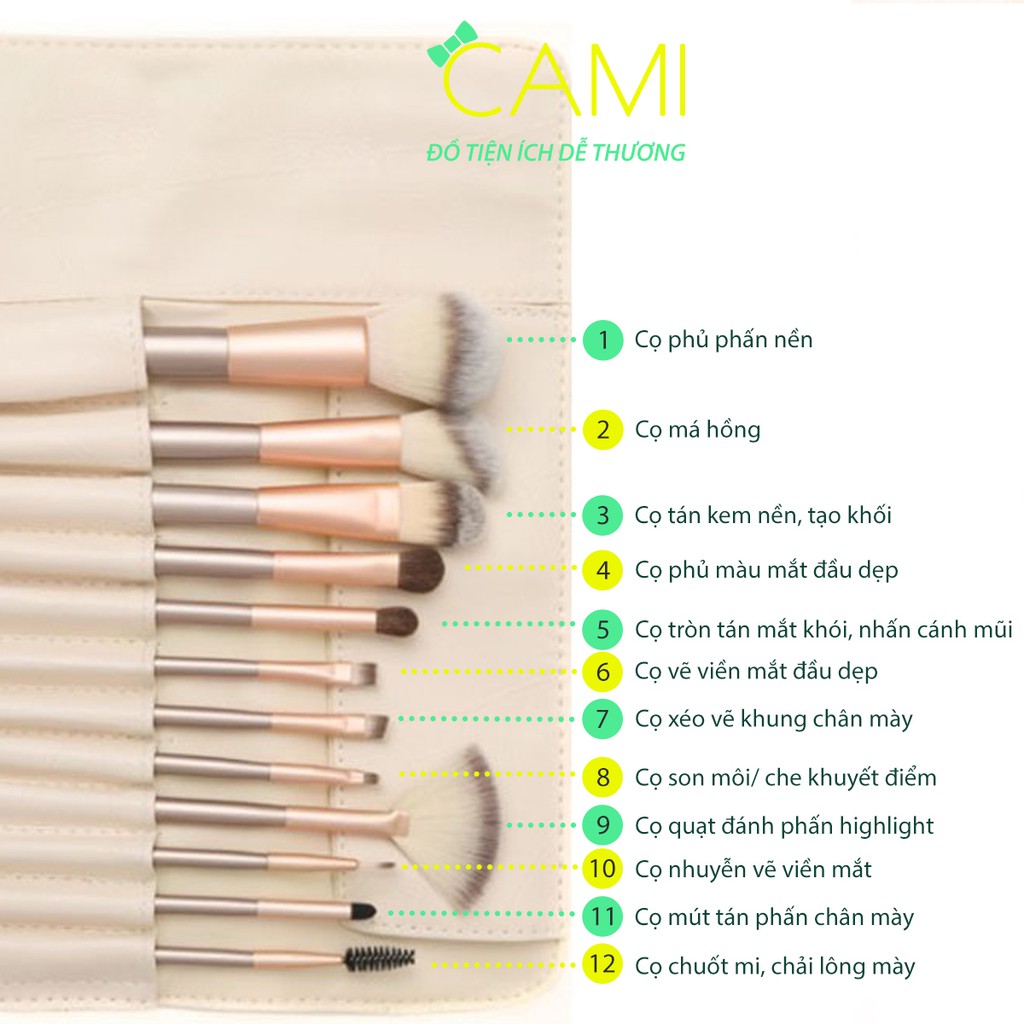Bộ 12 cọ trang điểm và 1 bao da dùng làm đẹp cơ bản dành cho người mới học - Cami - CMPK167