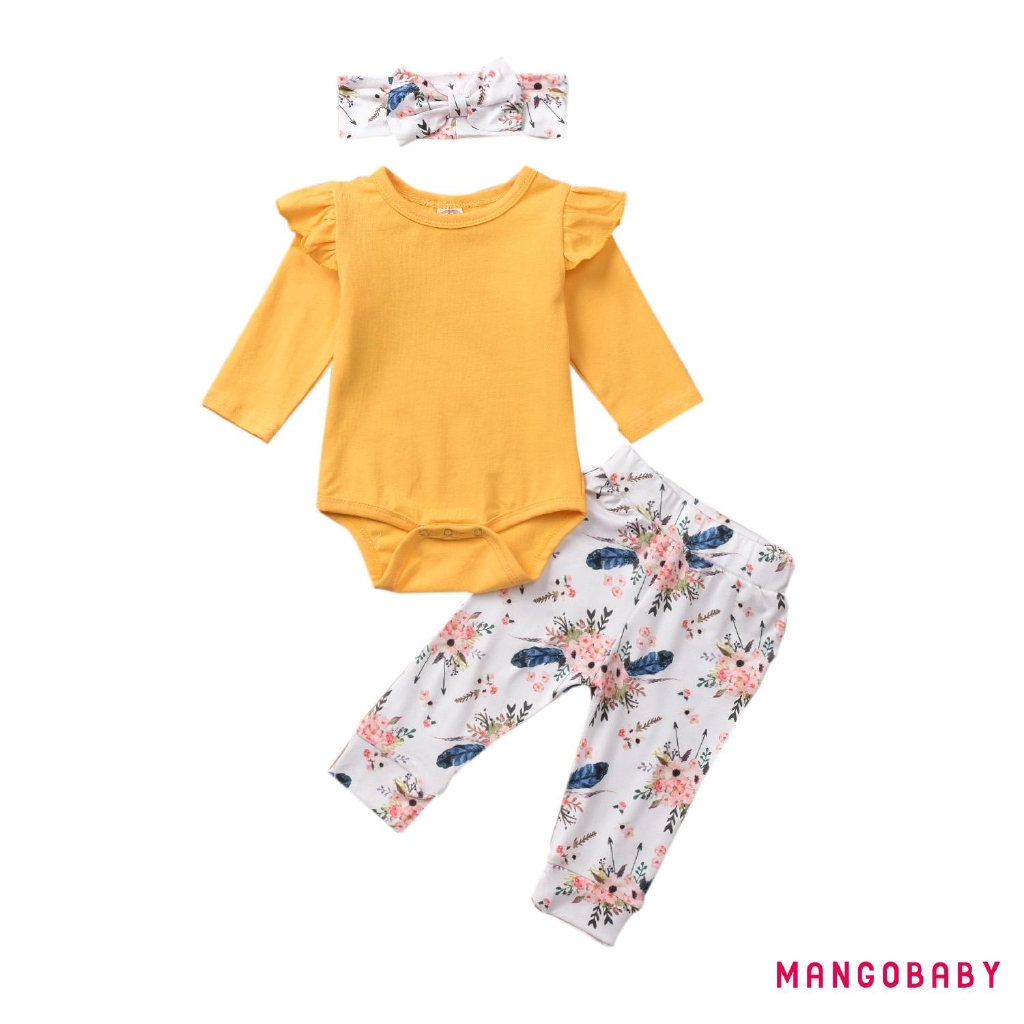 Bộ Trang Phục 3 Món Áo Liền Quần Tay Dài Màu Trơn + Quần Dài In Hoa Dễ Thương Cho Bé Gái Sơ Sinh