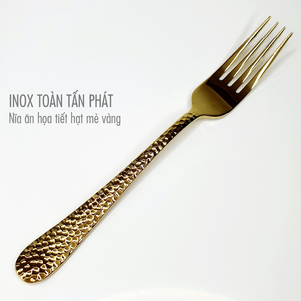Nĩa Ăn Inox Họa Tiết Hạt Mè Vàng - Inox 304