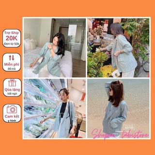 Áo khoác blazer kẻ sọc xanh nữ tabistore -  Vest dáng suông rộng kaki style ulzzang hàn quốc HOT