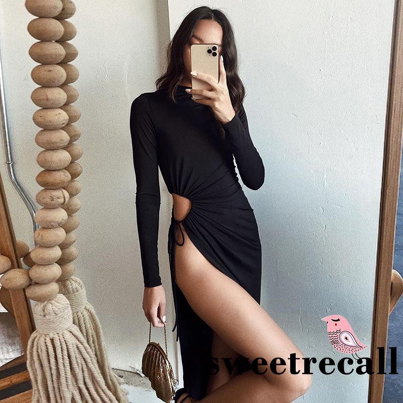 Đầm Nữ Dài Tay Cổ Lọ Xẻ Tà Thời Trang