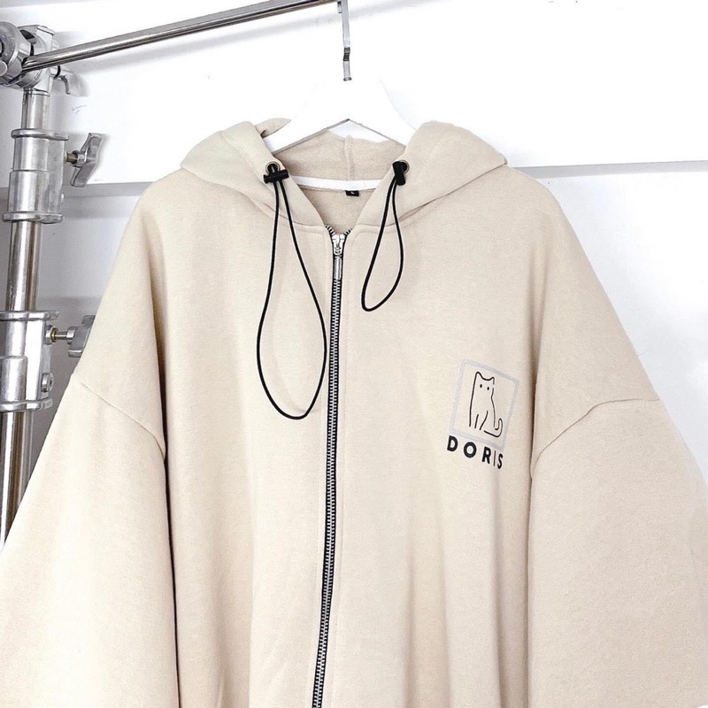 ￼Áo Khoác Hoodie Dây Kéo Hình Mèo Doris Tay Bồng Unisex Jacket Form Rộng Có Mũ Màu ĐEN |Be Ulzzang