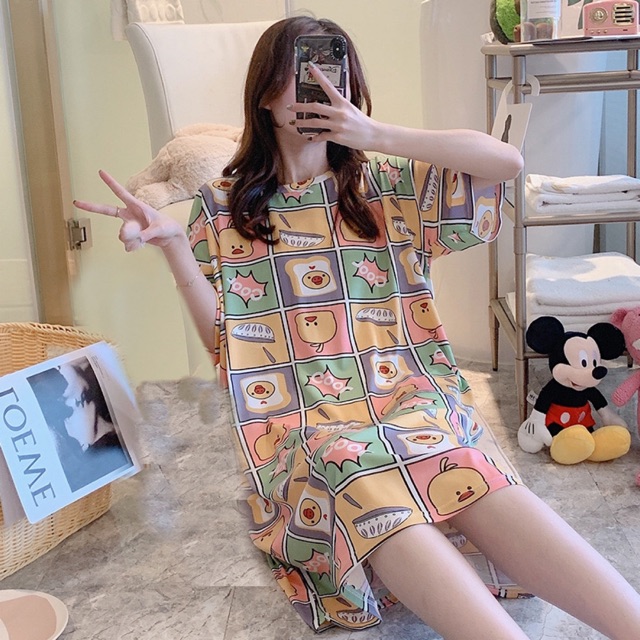 Đầm mặc nhà dễ thương chất thun cotton 4 chiều mịn mát thấm hút mồ hôi, có Bigsize, Ship hoả tốc 30’