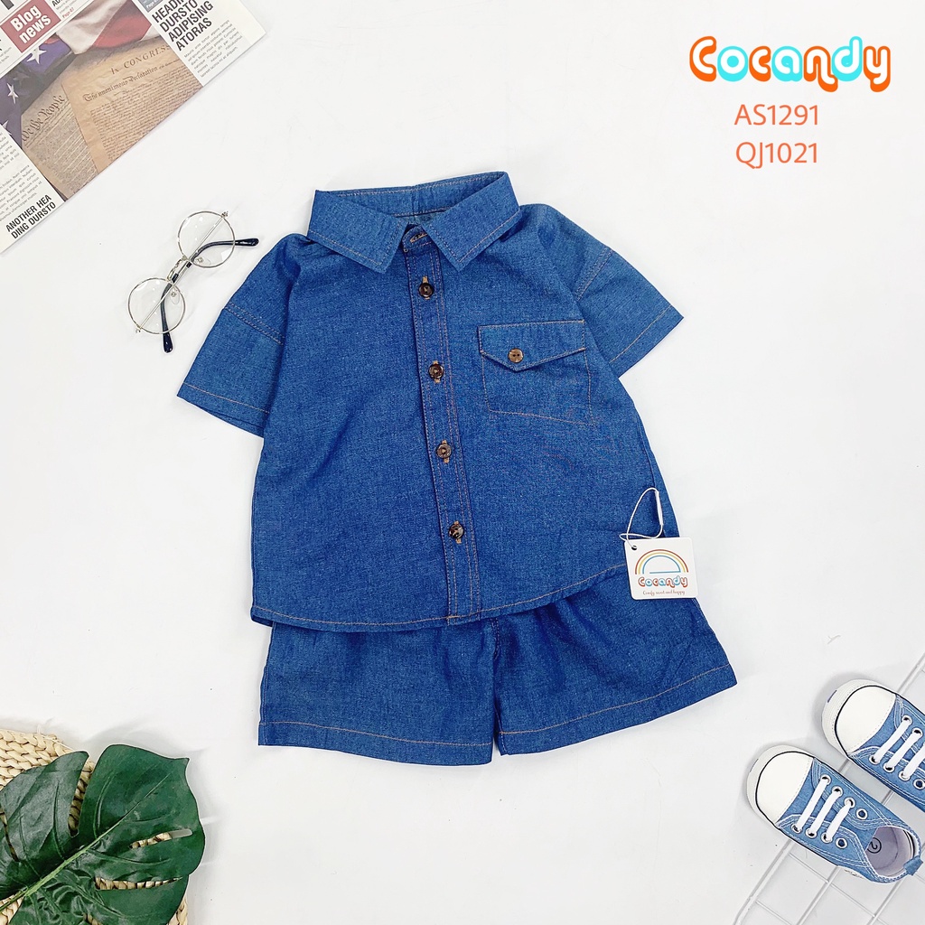 Set đồ cho bé- Áo sơ mi xanh, áo thun trắng và Quần cộc jean cho bé của COCANDY mã AS129154, QJ102154