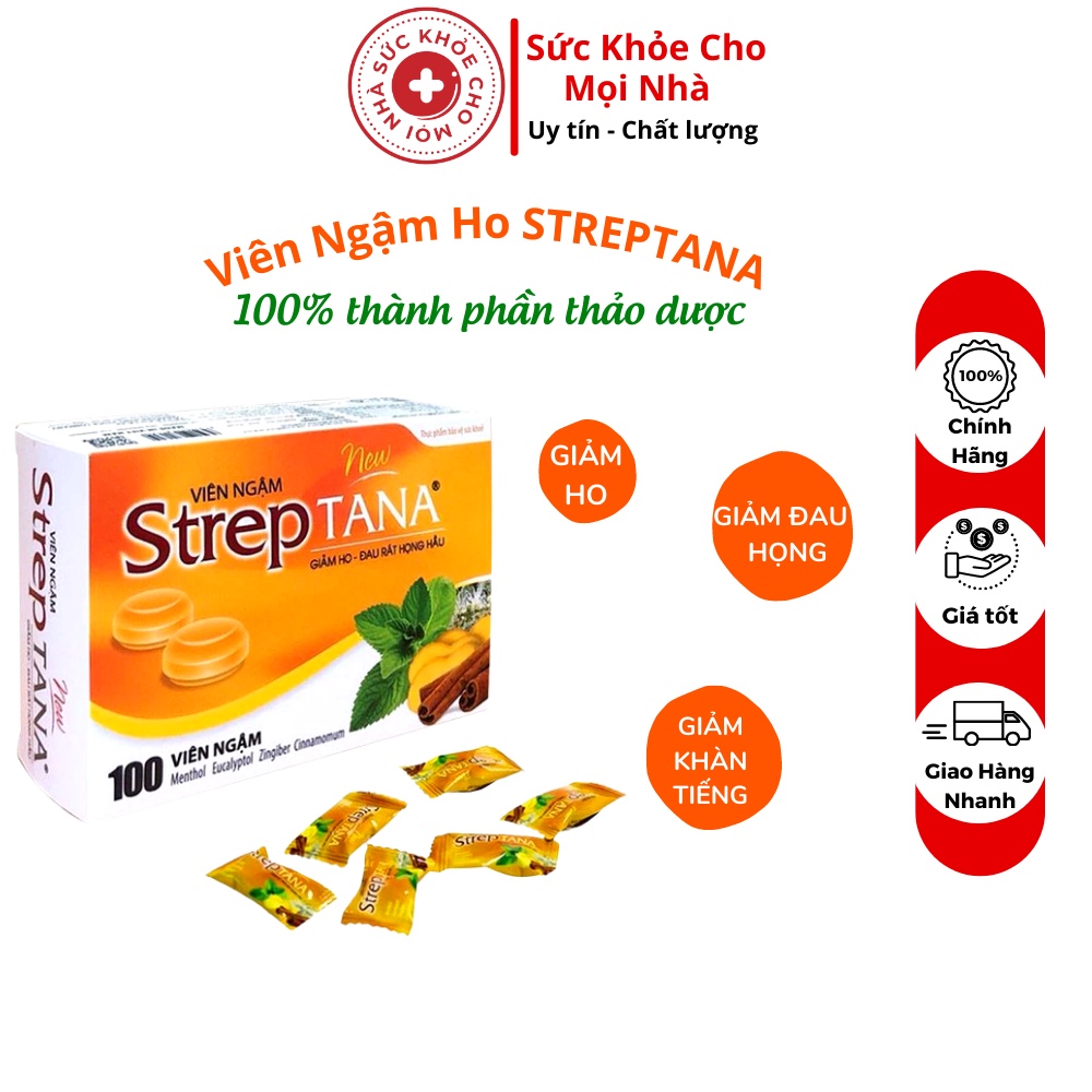 Viên ngậm ho Streptana hỗ trợ giảm các loại ho giảm đờm giảm khản tiếng đau rát họng hộp 100 viên