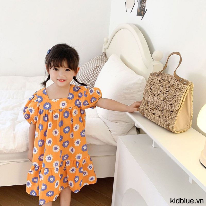 Đầm công chúa dáng rộng cổ vuông phong cách Hàn Quốc mùa hè cho bé gái