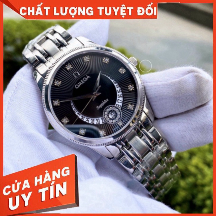 Đồng Hồ Nam omega Sapphire OM047 Case 38mm ĐEN Mặt Trăng khuyết Máy Pin Nhật