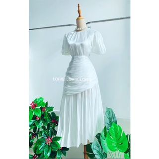 Đầm dự tiệc tay phồng nhún thân màu trắng