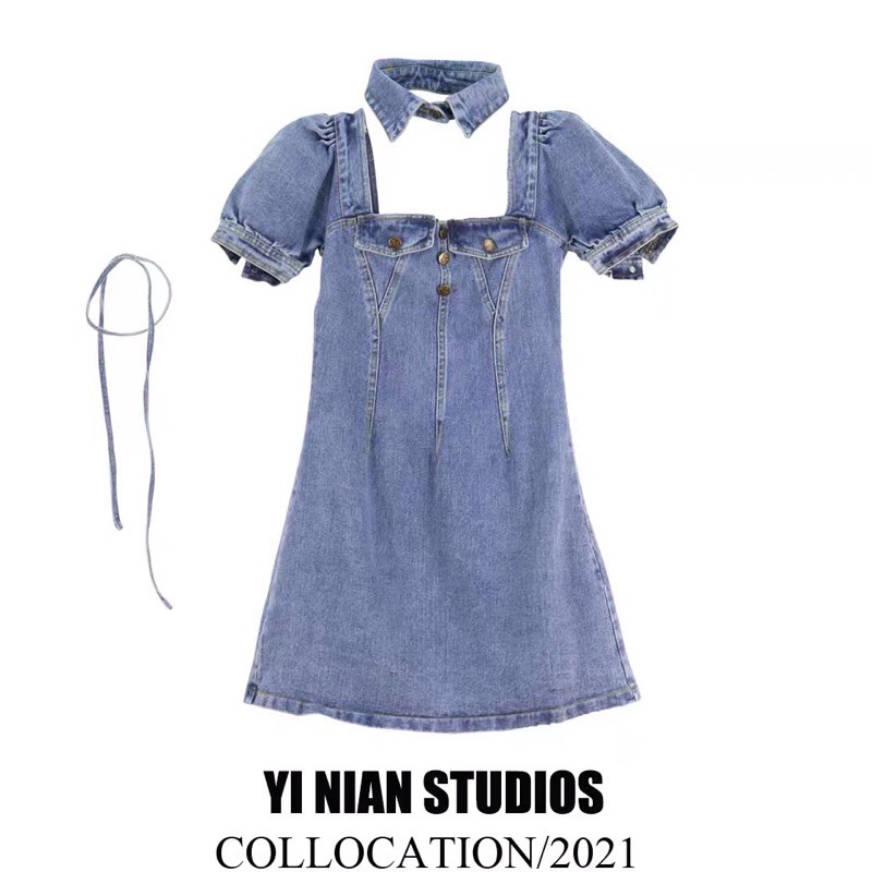 Đầm Jean, Áo Jean Tay Lỡ Kèm Cổ Áo Và Dây Nơ Thắt Rời- FREESHIP | BigBuy360 - bigbuy360.vn