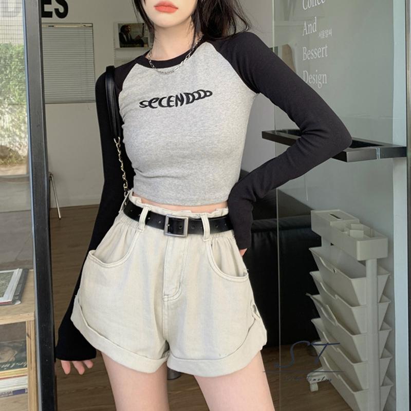 Áo Thun Croptop Dệt Kim Tay Dài Cổ Tròn In Chữ Màu Sắc Thời Trang Đường Phố Cho Nữ CY03