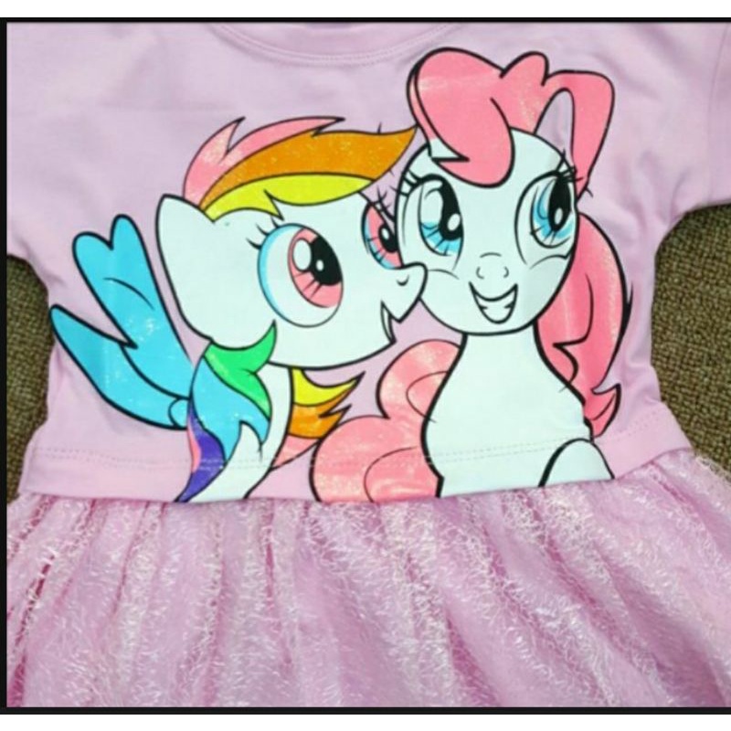 Đầm thun bé gái in hình ngựa Pony, Elsa chất thun cotton dưới thêm lớp lưới, cotton thoáng mát thấm hút tốt