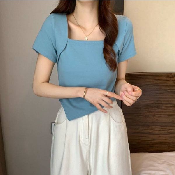 Áo thun SUXI tay ngắn cổ vuông màu trơn dễ phối đồ thời trang mùa hè đơn giản dành cho nữ