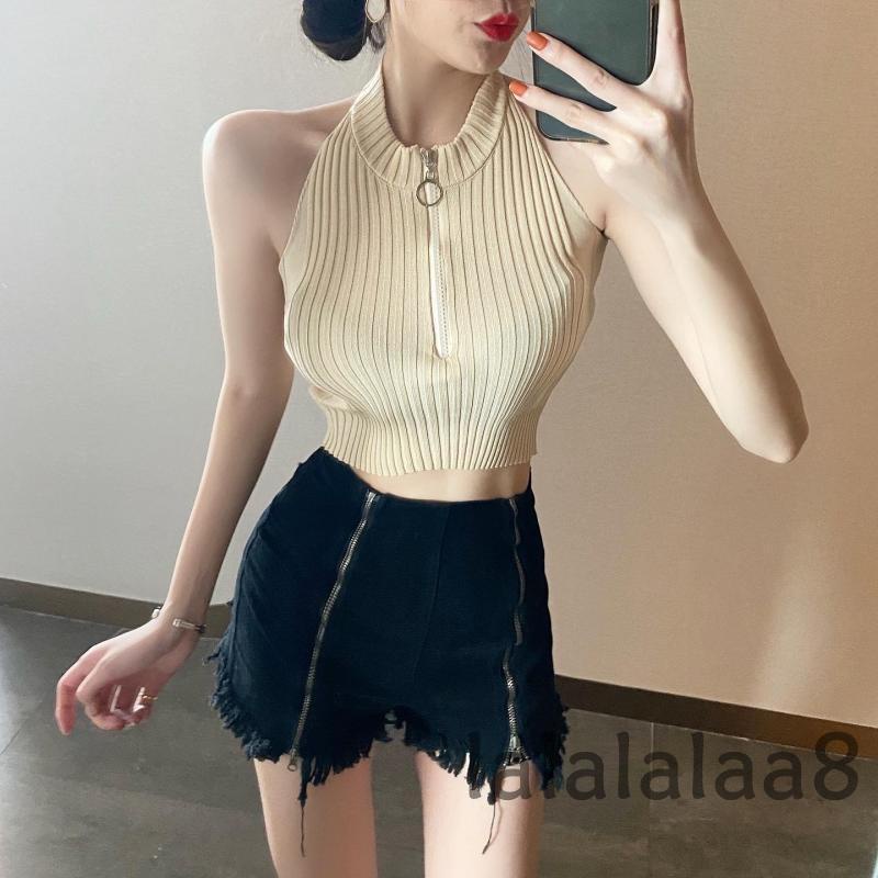 Áo Crop Top Hai Dây Dệt Kim Ôm Dáng Màu Trơn Có Khóa Kéo Nửa Thân LAA8 Cho Nữ
