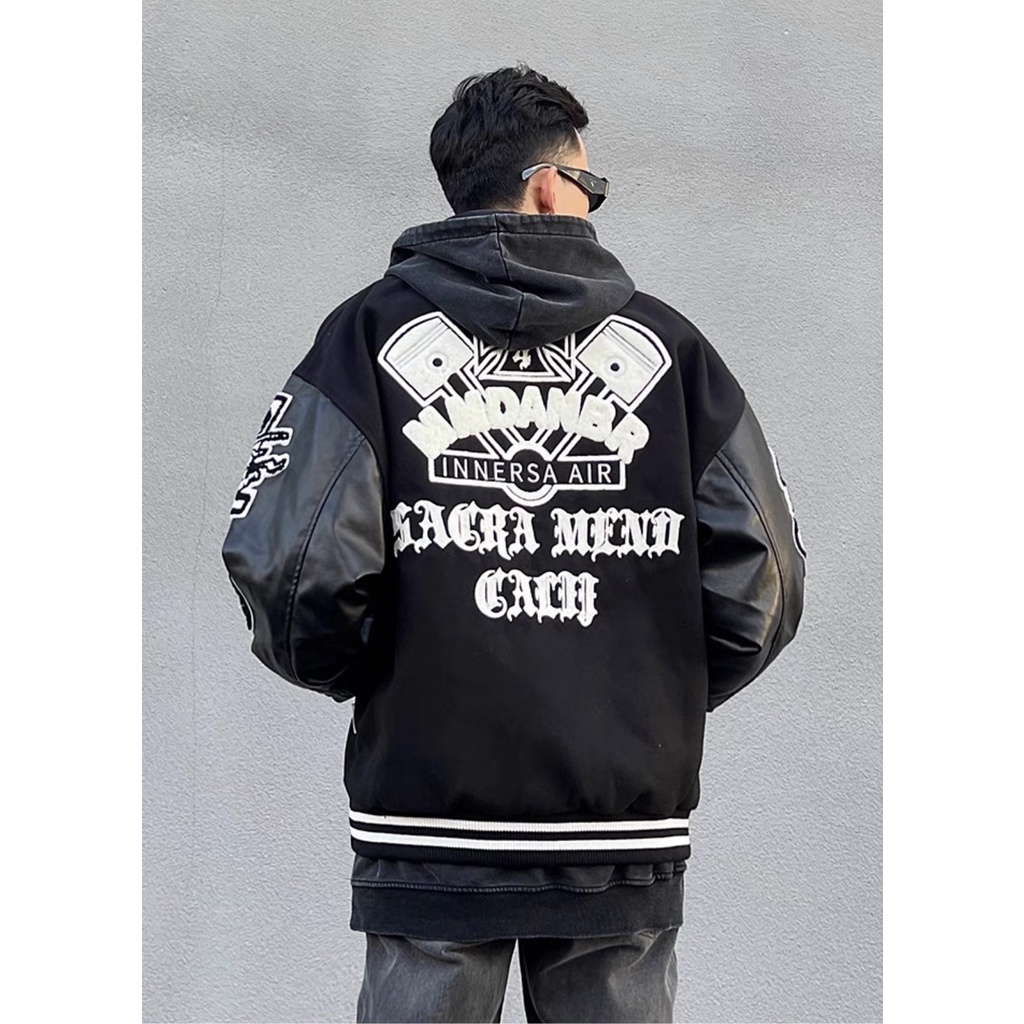 Áo Khoác varsity GHOST vintage ÁO BOMBER chất dạ 2 lớp phối tay da Pu cao cấp KunShop Unisex