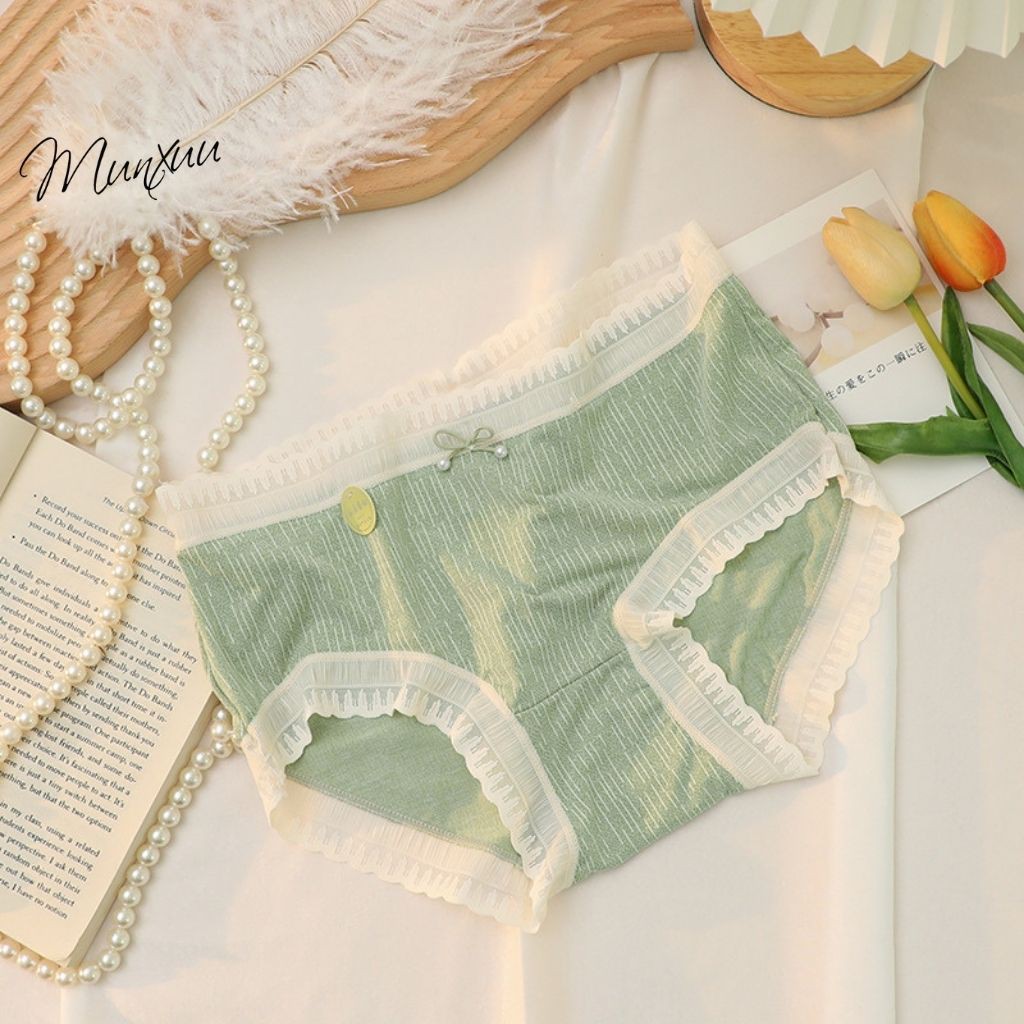 Quần lót nữ Cotton lạnh cao cấp, màu trẻ trung, đính nơ phối viền ren ngọt ngào – MUNXUU QC50