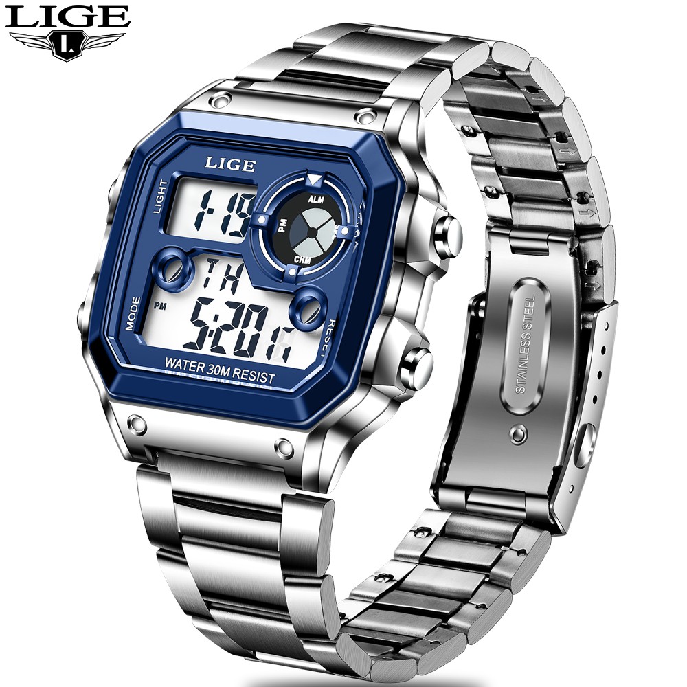 LIGE 8921 Men's Stainless Steel Digital Sports Waterproof Watch