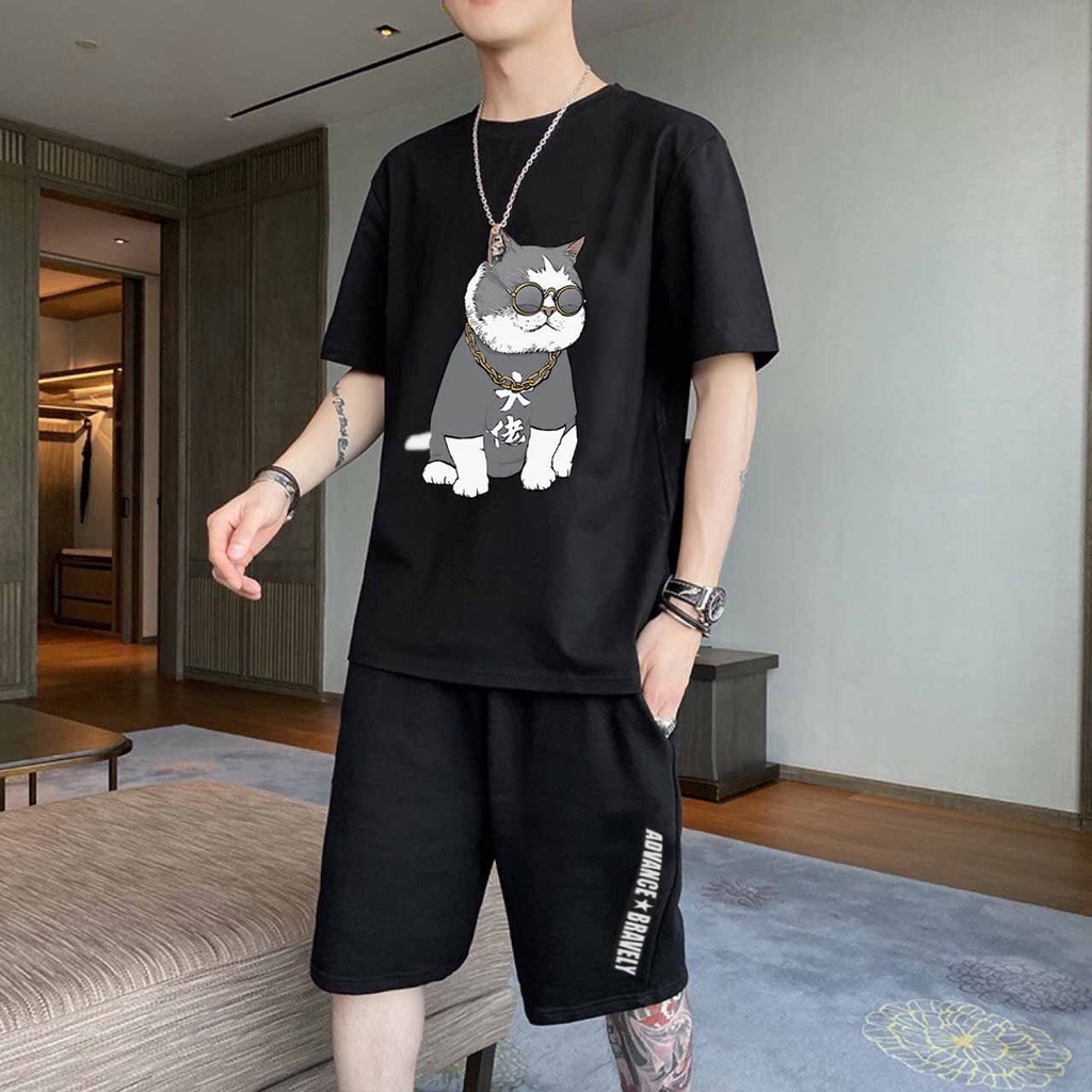 Bộ thể thao nam nữ Unisex  𝐅𝐫𝐞𝐞𝐬𝐡𝐢𝐩  Set mặc nhà gồm Áo thun mè tay ngắn và Quần short hình in mèo kính dễ thương