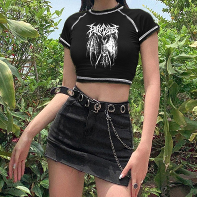 Áo Thun Croptop Tay Ngắn Màu Đen In Hình Bộ Xương Phong Cách Gothic Harajuku Cá Tính Dành Cho Nữ