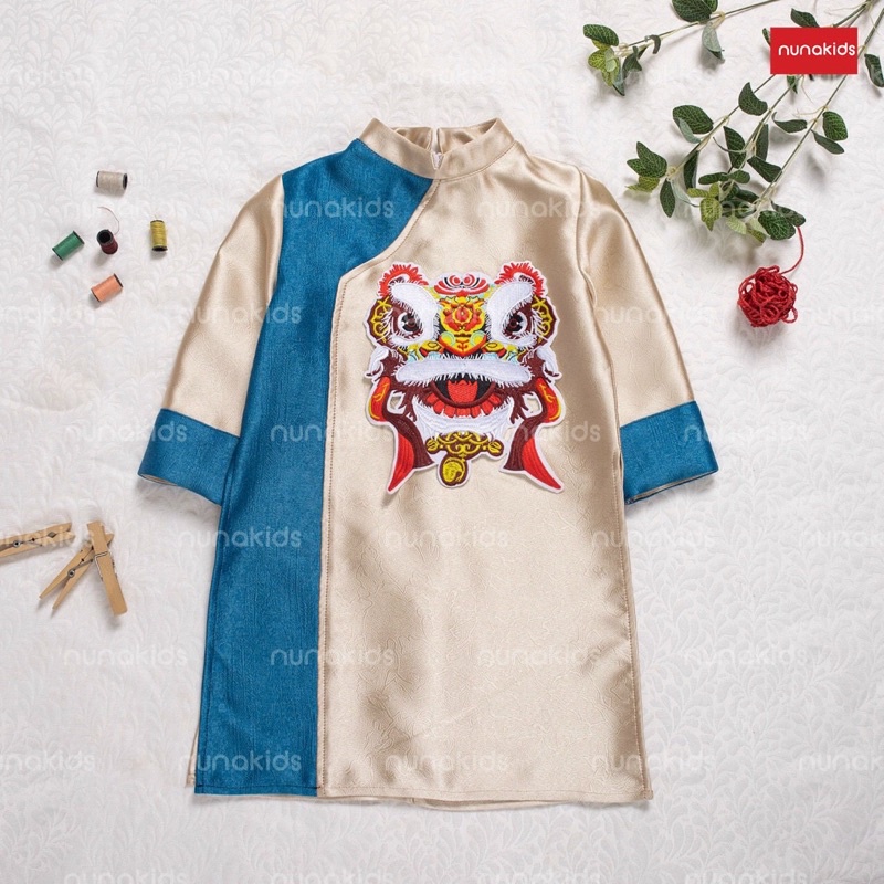 Miếng vá áo . Hình thêu đầu kỳ lân 18cm x 16cm gắn áo dài siêu đẹp