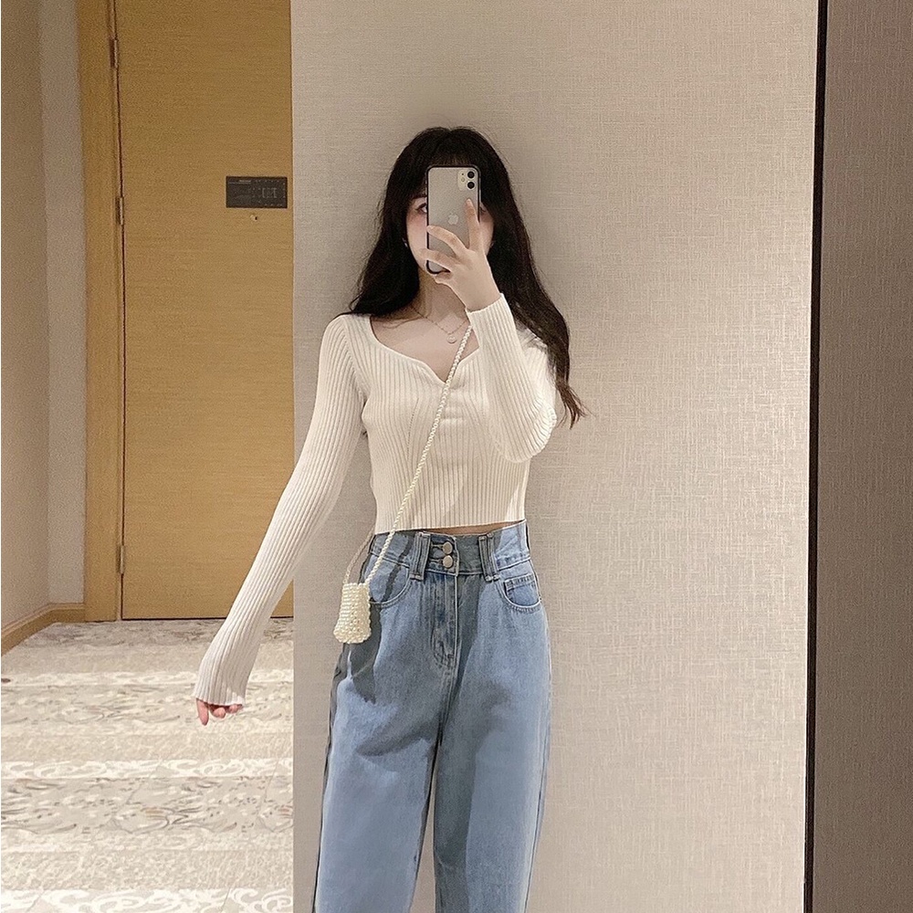 DUNEA Áo Sweater Mỏng Tay Dài Cổ Chữ V Dáng Ngắn Thời Trang Quyến Rũ Cho Nữ