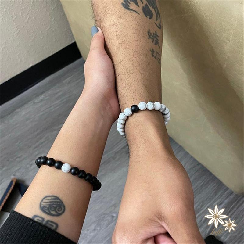 Set 2 Vòng Tay Chuỗi Hạt Đá Trắng Đen Tự Nhiên Cho Cặp Đôi