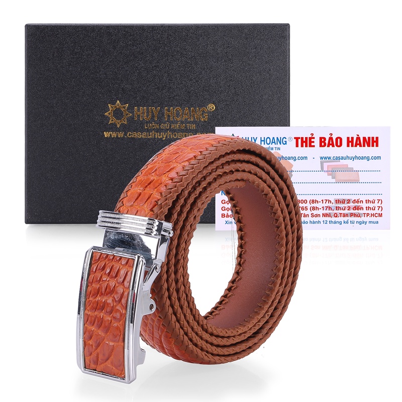 Dây nịt nam da cá sấu Huy Hoàng đan viền màu vàng bò HP4218