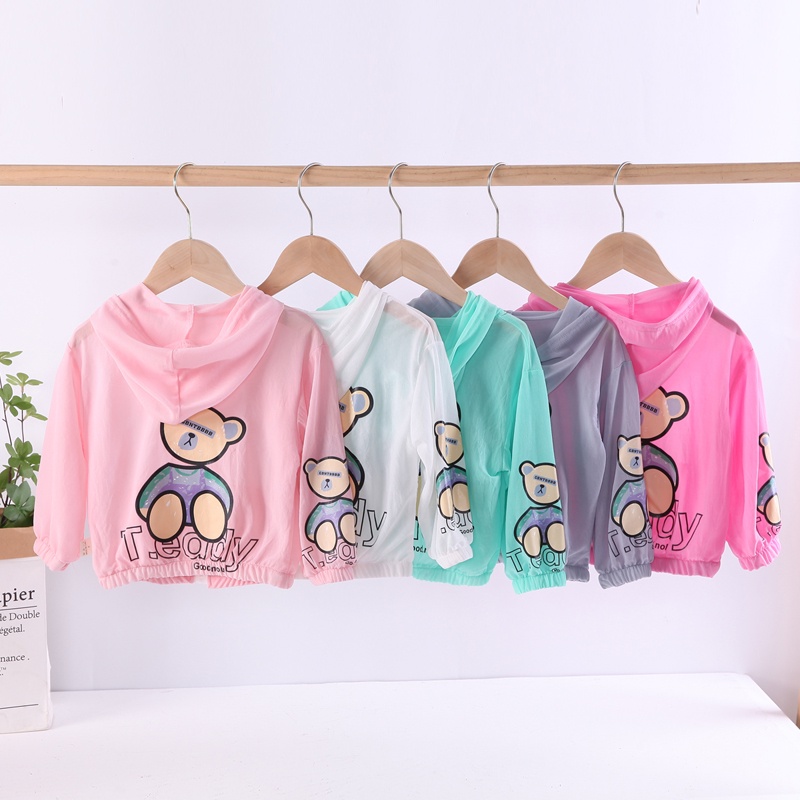 Áo Khoác Chống Nắng Tay Dài Có Khóa Kéo In Hình Gấu Hoạt Hình Thời Trang Mùa Hè Dành Cho Bé Trai Và Bé Gái 80-120cm