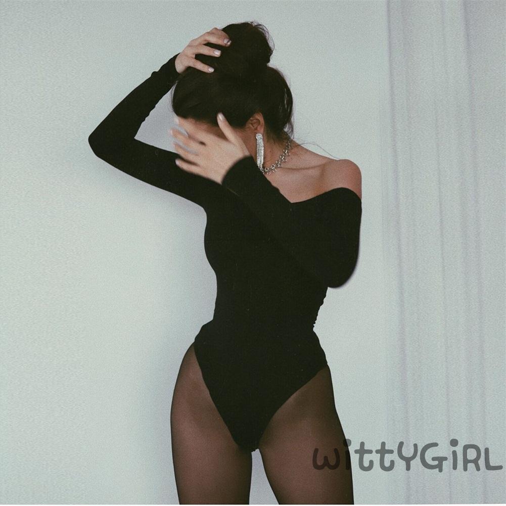 W[]-Women’s Autumn Long-sleeved Bodysuit Fashion Solid Color Boat Neck Tight High Waist Jumpsuit