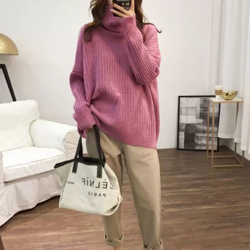 IELGYÁo Sweater Dệt Kim Tay Dài Cổ Cao Dáng Rộng Thời Trang Cho Nữ