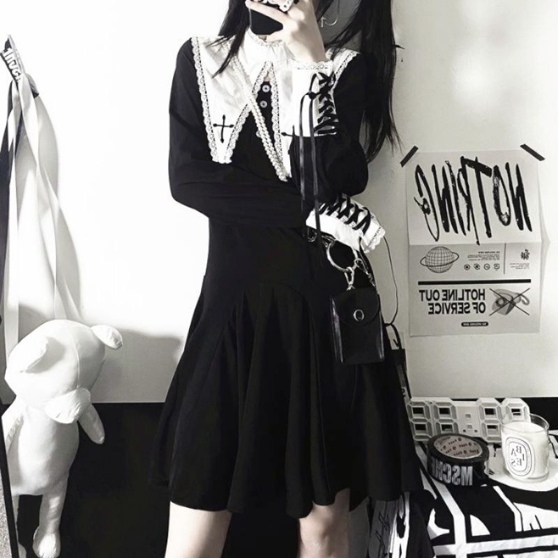 [Order] (G7) Váy đầm Gothic Lolita thêu Thánh Giá đan nơ viền ren loại đẹp màu đen.
