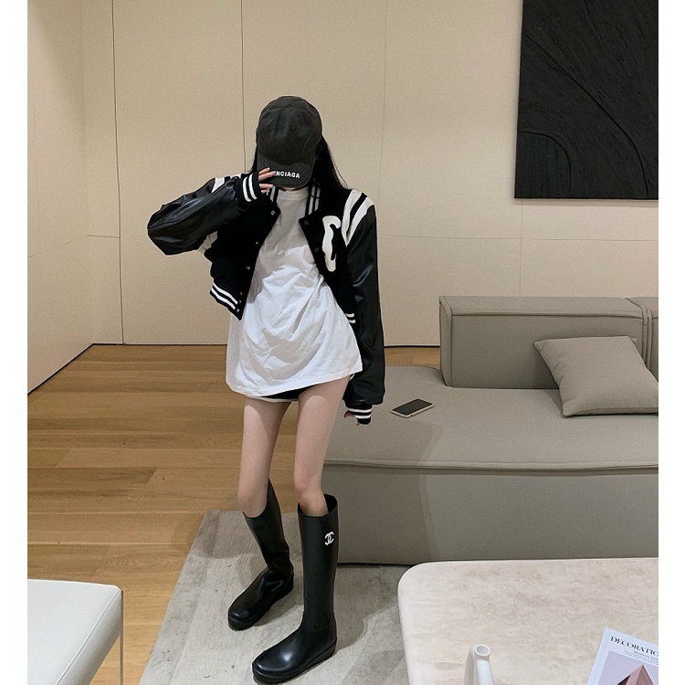 Áo khoác bóng chày dài tay dáng rộng có khóa kéo màu sắc tương phản in chữ độc đáo thời trang mùa thu cho nữ