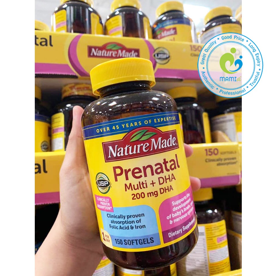 Vitamin tổng hợp bầu Mỹ (150v) bổ sung dinh dưỡng, DHA cho mẹ bầu và sau sinh Nature Made Prenatal Multi + DHA, USA