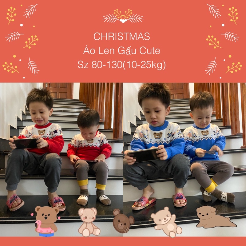 Áo Len Gấu Cho Bé Trai Bé Gái Size 1-6 tuổi, Áo Len Mặc Tết