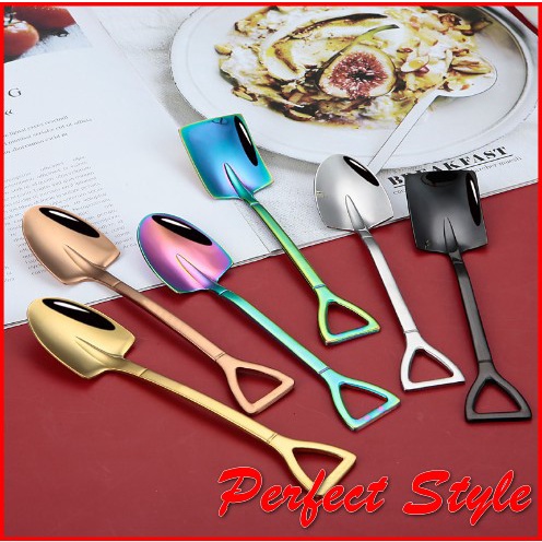 Muỗng thìa inox cán dài cao cấp hình chiếc xẻng nhiều màu pha trà cafe múc kem ăn hoa quả độc đáo
