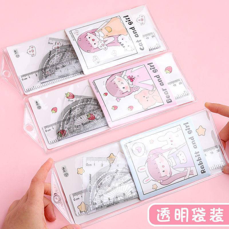 ⭐ iLado ⭐   Bộ Thước Kẻ 4 Món 15cm Thước đo kích thước Dụng Cụ Vẽ Hình Học Thước kẻ học sinh dễ thương chất lượng cao Tiện Lợi Hoạt Hình trong suốt có túi đựng In Họa Tiết Hoạt Hình dễ thương chất lượng cao