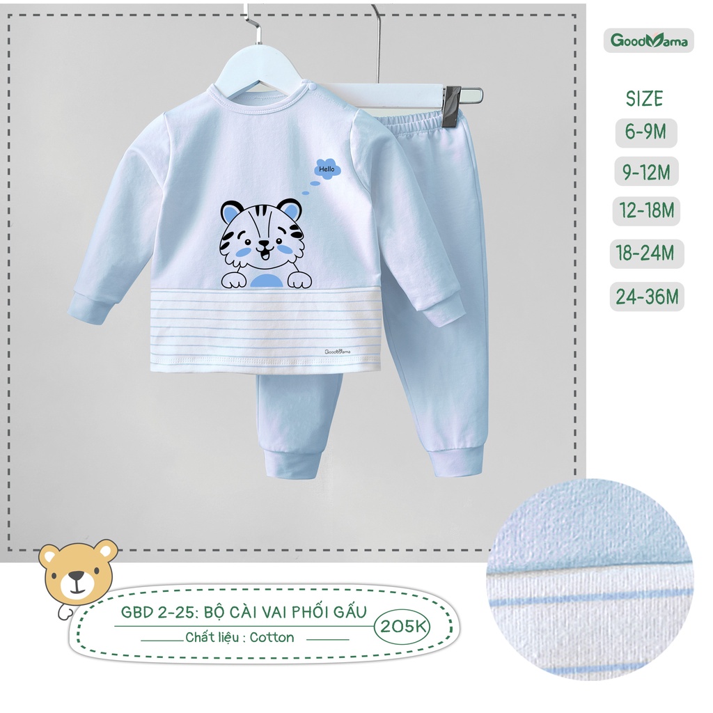 [Chính Hãng] Bộ dài tay cài vai cotton kẻ bo gấu trẻ em Good Mama