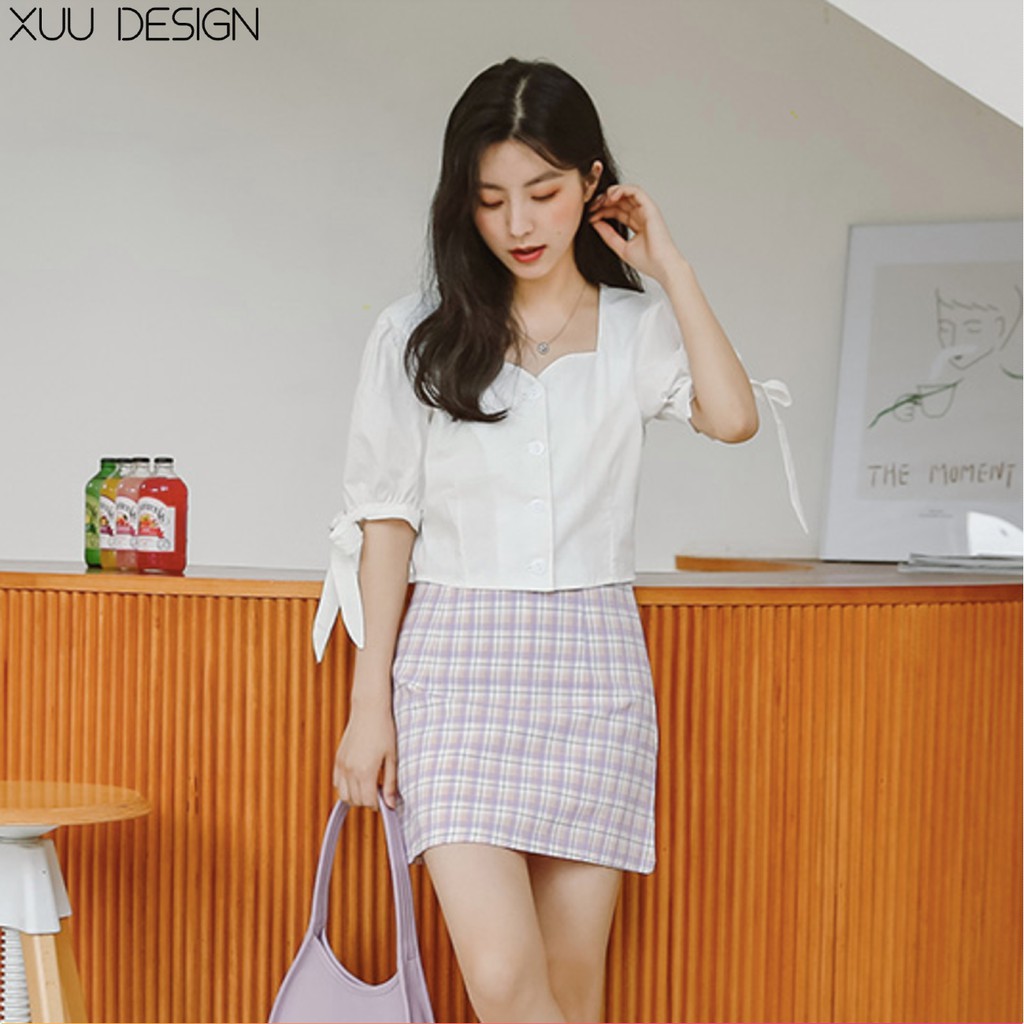 Áo sơ mi nữ 💖Xuu Design💖 Áo croptop trắng cộc tay phối nơ cổ vuông chất liệu mềm mát ít nhăn SM109K2