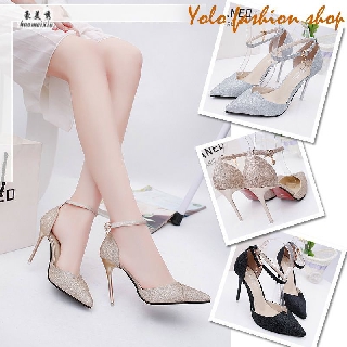 GC79-Giày cao gót nữ đế 7p gót nhọn phủ nhũ kim tuyến sang chảnh