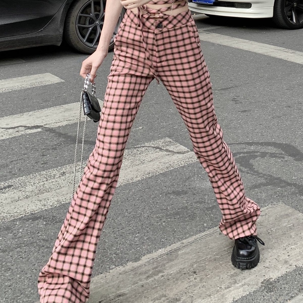 Quần Dài Ống Loe Lưng Cao Họa Tiết Sọc Caro Màu Hồng Thời Trang Mùa Hè Cho Nữ
