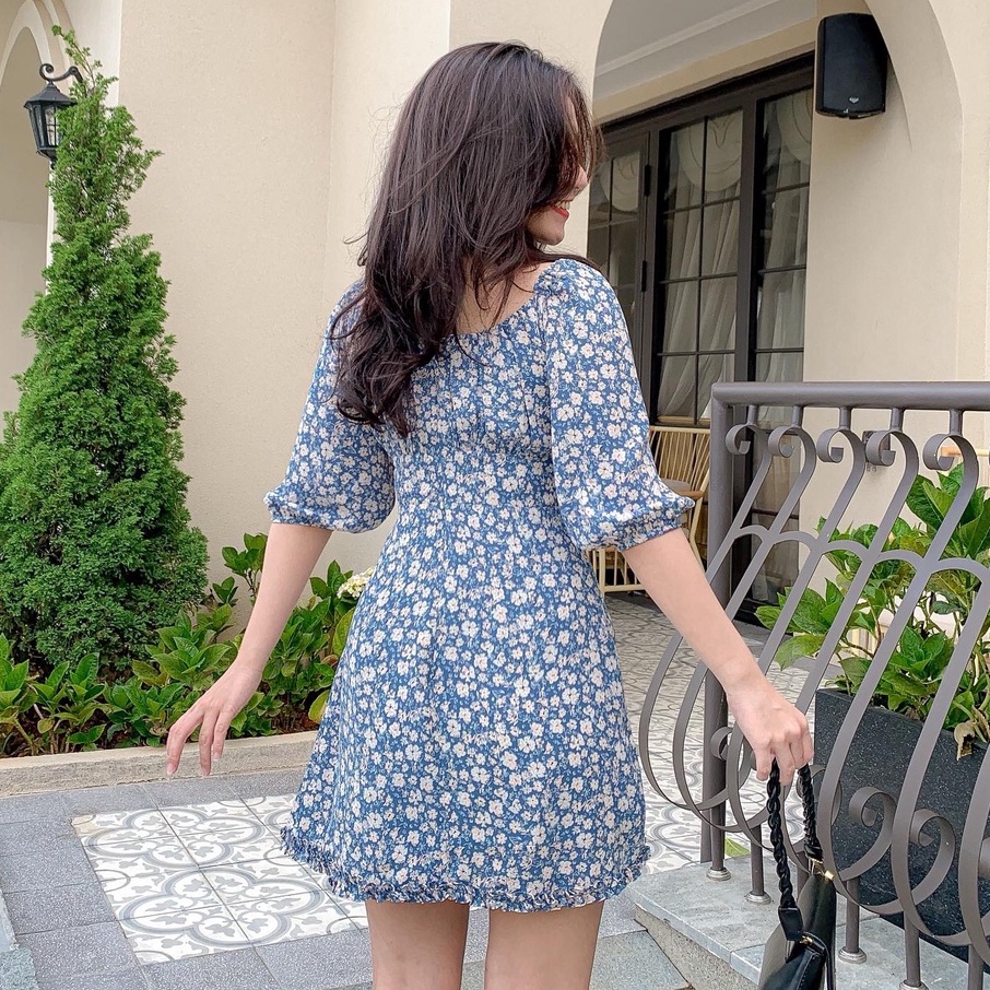 Đầm ARI - Đầm hoa nhún ngực tay lửng