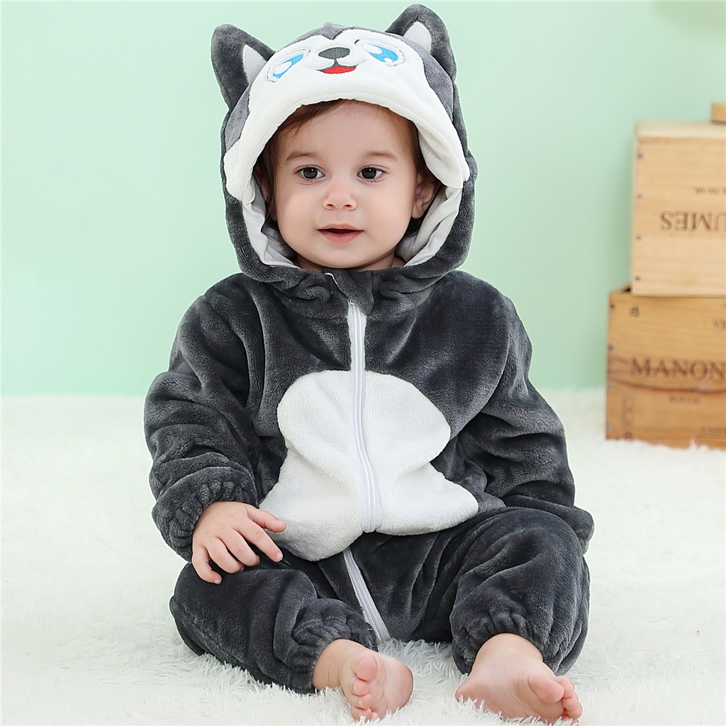 Bộ Áo Liền Quần Tay Dài In Hoạt Hình Khủng Long/ Mèo Dễ Thương Cho Bé Sơ Sinh