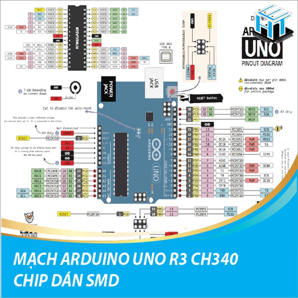 MẠCH ARDUINO UNO R3 CH340 - Chíp SMD dán