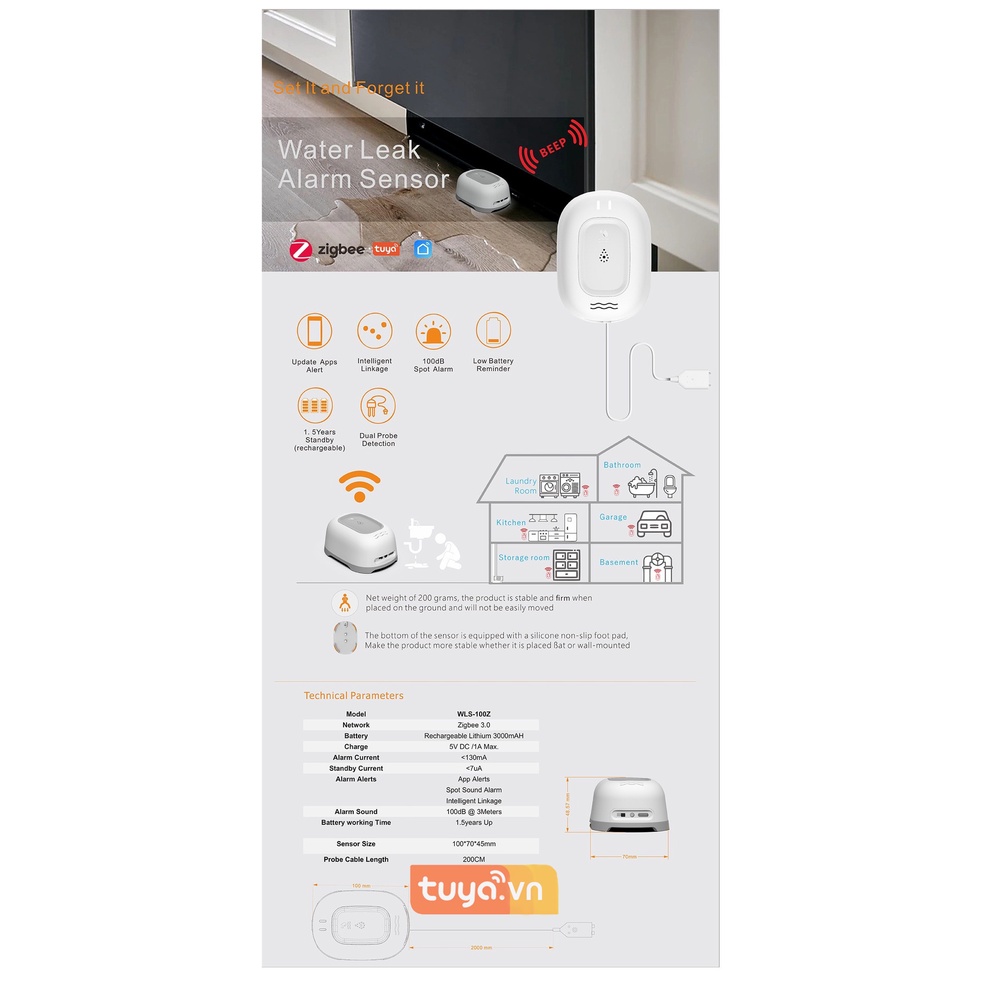 Cảm Biến Báo Động Rò Rỉ Nước Tràn Wifi Tuya SHP-TN2