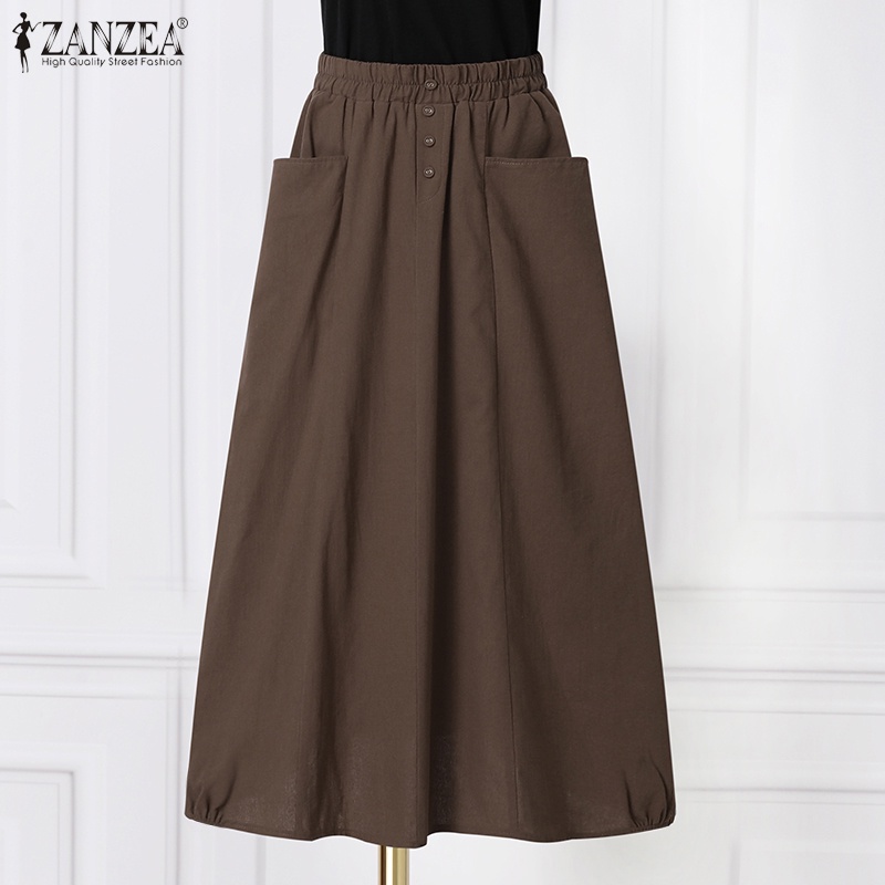 Chân váy dáng rộng Zanzea lưng thun phối nút phong cách retro thời trang cho nữ